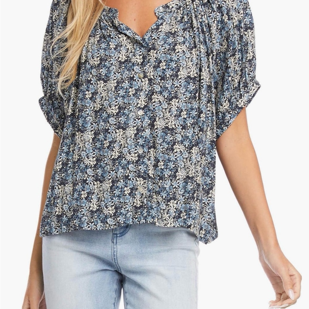 Karen Kane Blue and Gray Dolman Sleeve Blouse